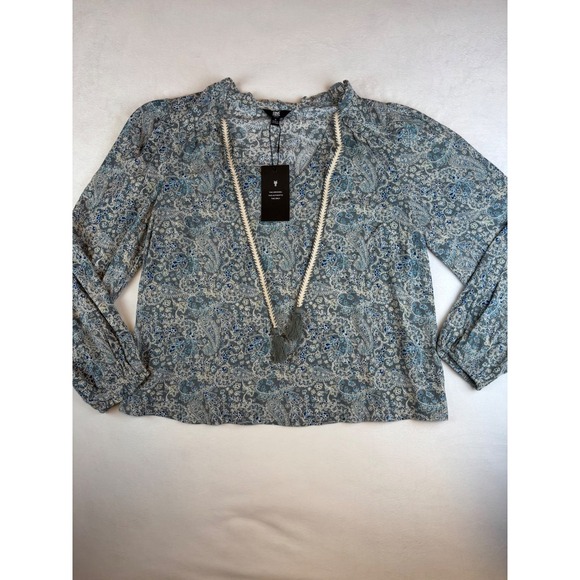 Frye Women's Small Paisley‎ Print Long Sleeve Blouse Tie Neck Top Blue  Boho New - Picture 2 of 9